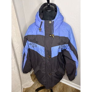 Vintage Blue Black Snowflake Ski Jacket Hooded L
